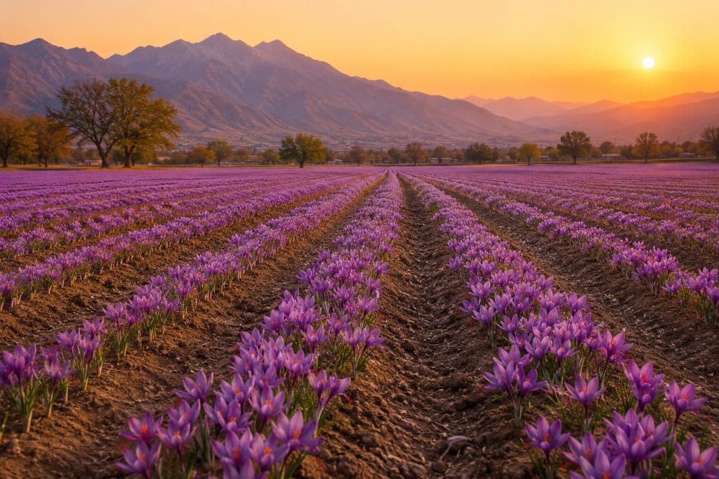 Saffron crocus fields in bloom at sunset, mountains beyond