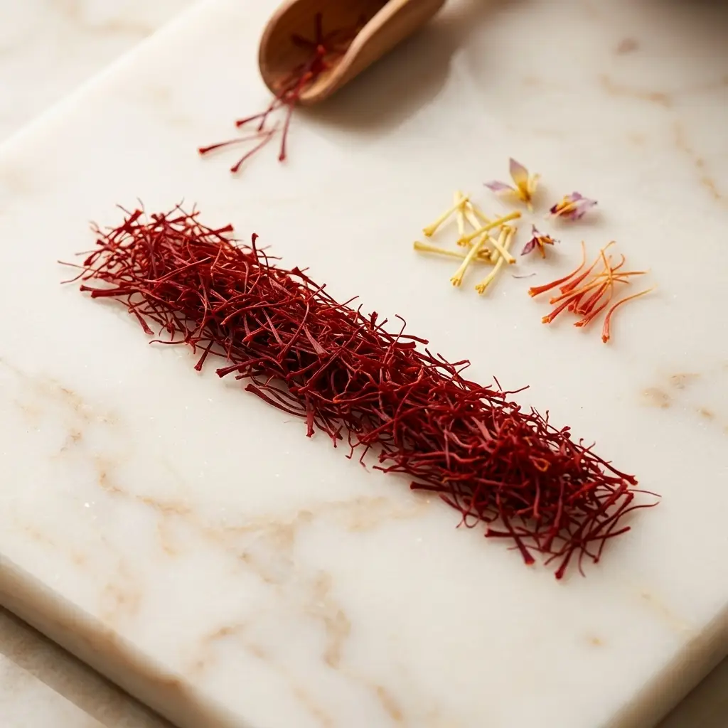Deep red saffron threads on marble, with the pale yellow styles and petals that are removed set to one side
