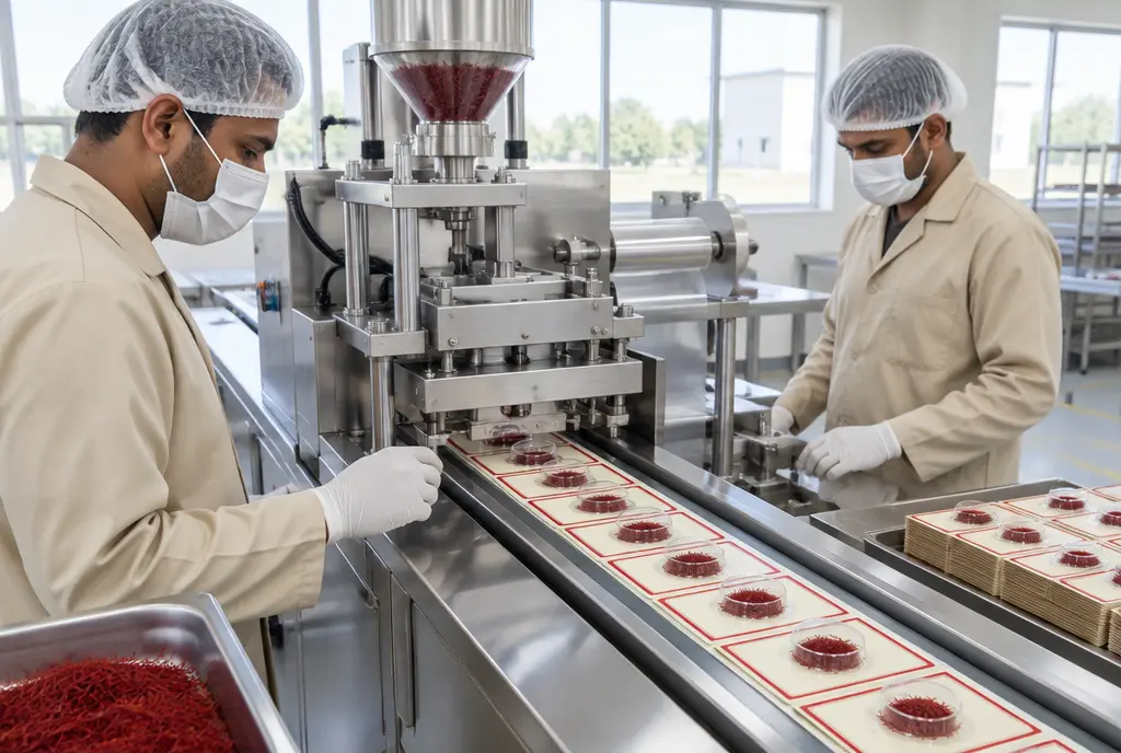 Saffron being sealed into blister packs on a packing line, staff in hairnets and gloves
