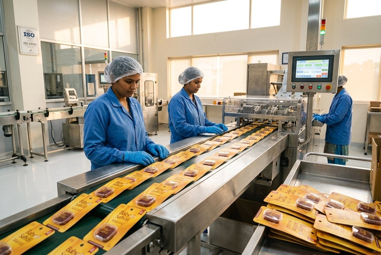 Baby Saffron blister packs moving along the sealing line at our ISO-certified facility
