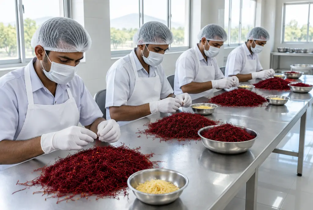 Saffron being sorted by hand at steel tables, red threads separated from the pale yellow style