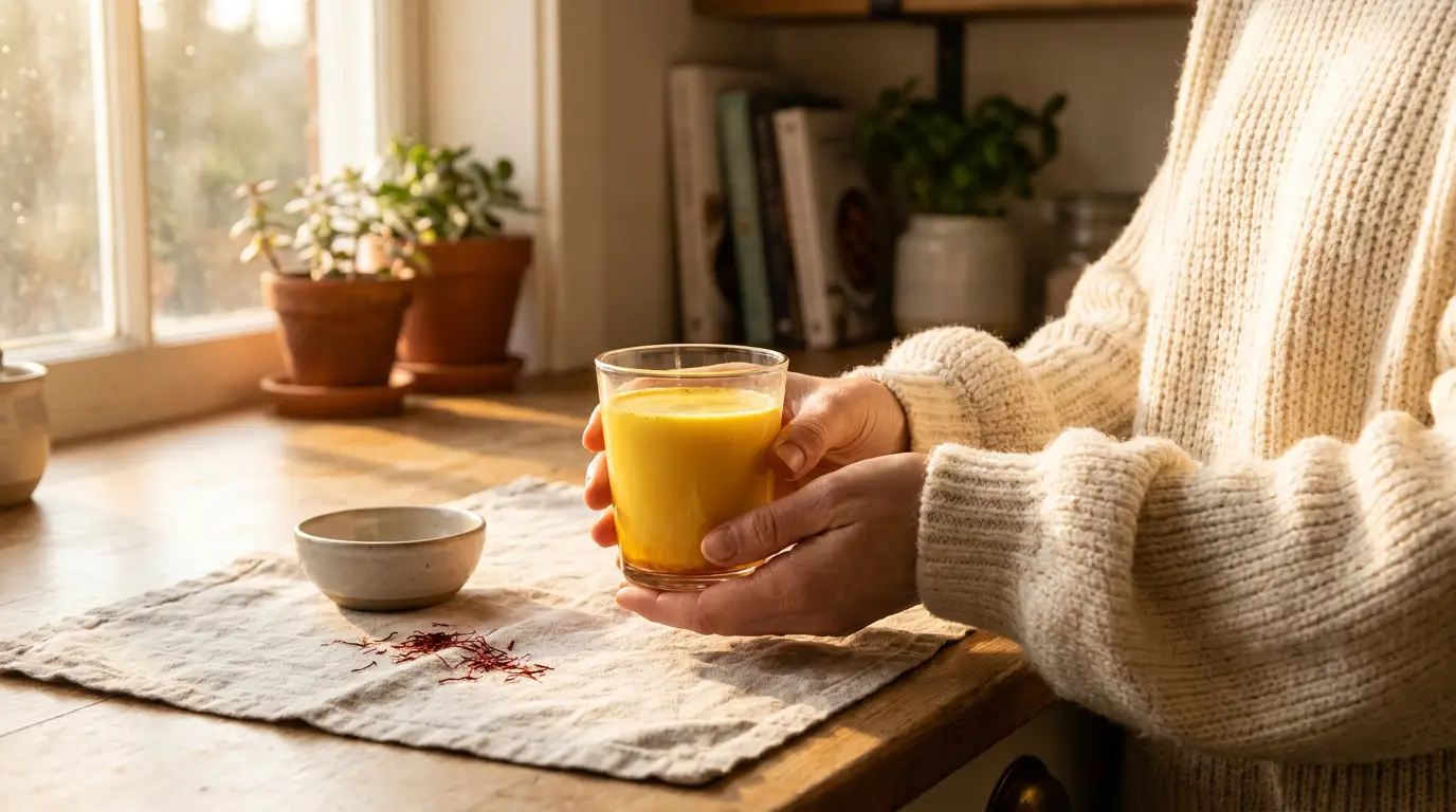 Hands cradling a warm glass of golden saffron milk in soft morning light