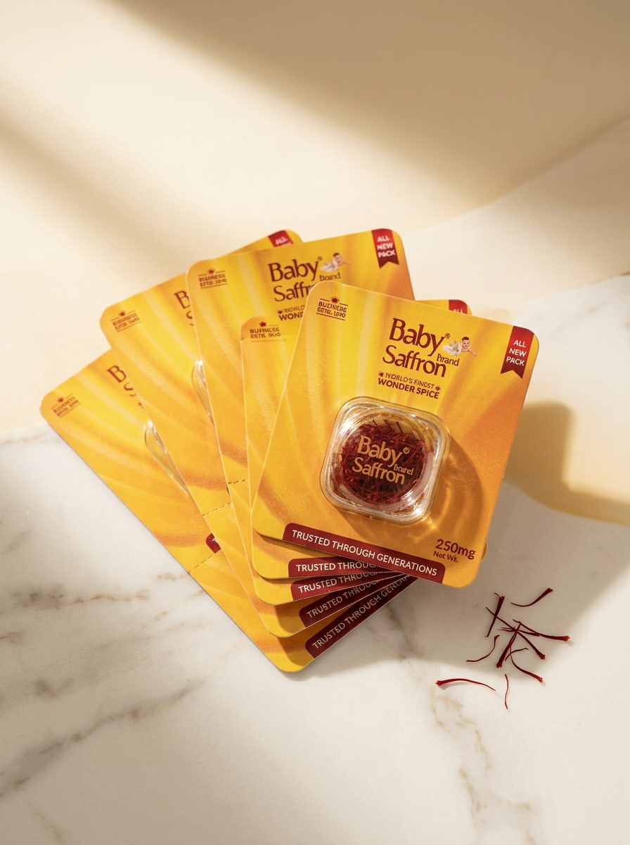 Baby Saffron 4 × 250mg blister set on cream marble