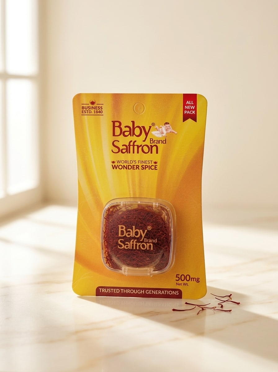 Baby Saffron 500mg pack on cream marble