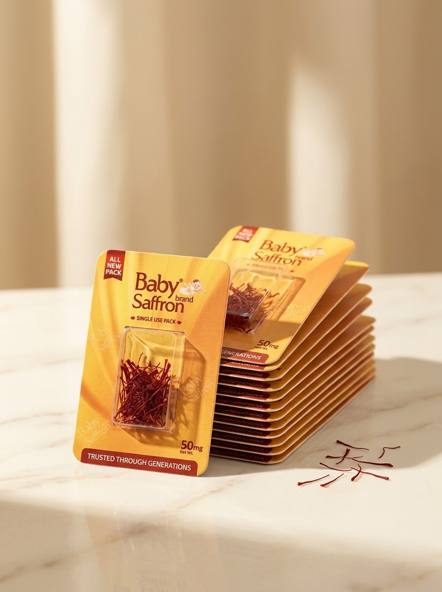 Baby Saffron 10 × 50mg single-use blister set on cream marble