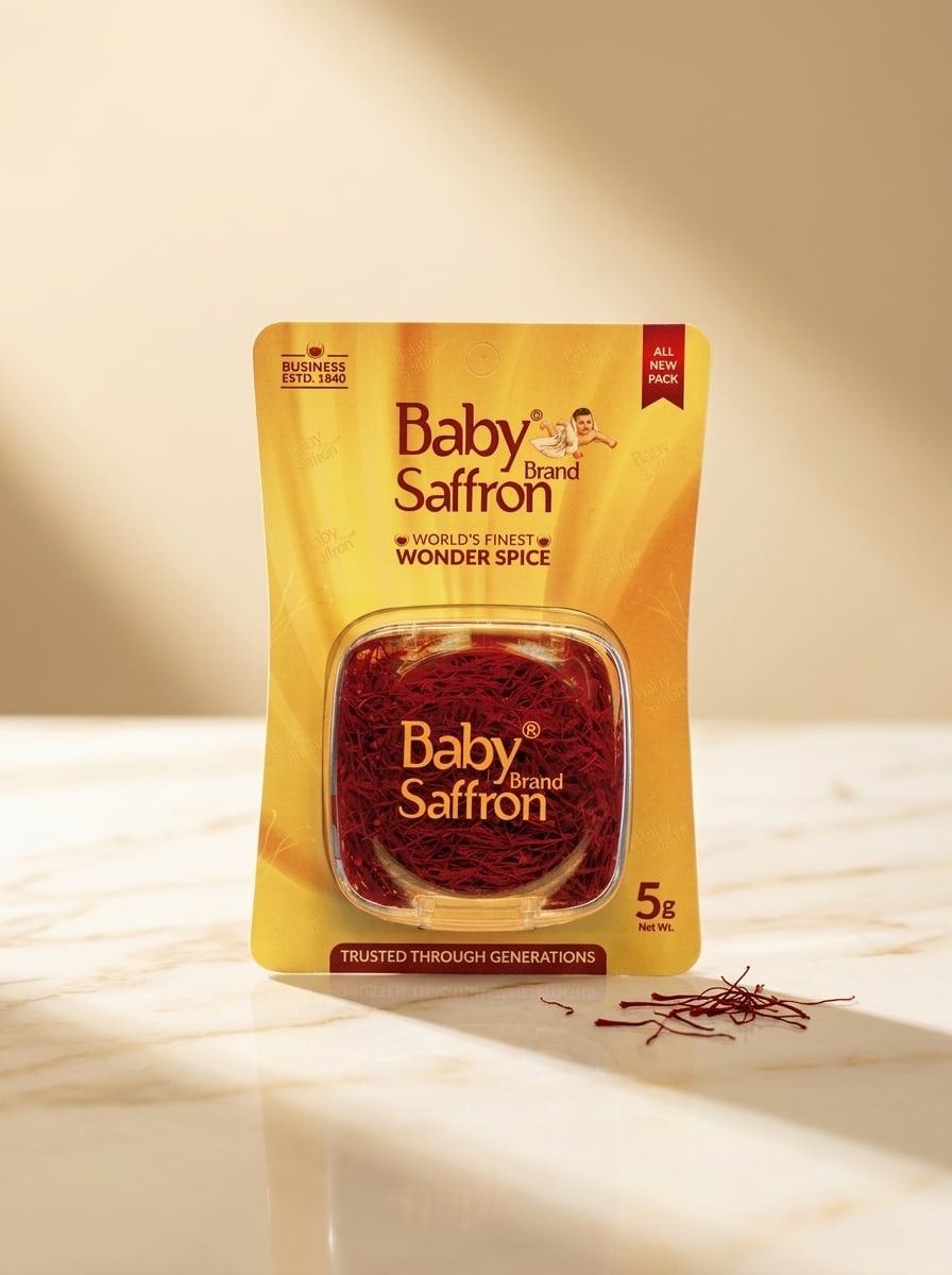 Baby Saffron 5 gram saffron pack on cream marble