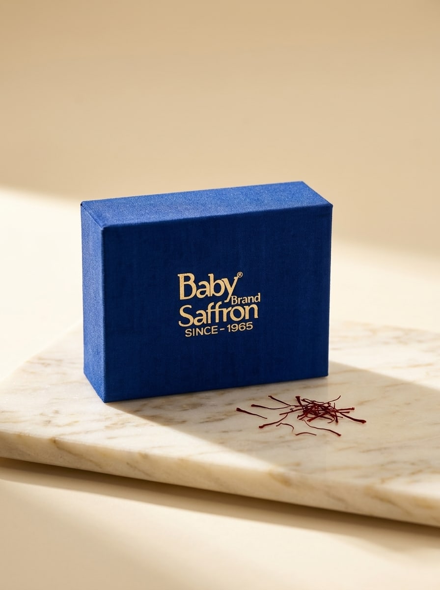 Baby Saffron Blue Gift Box 1g on cream marble