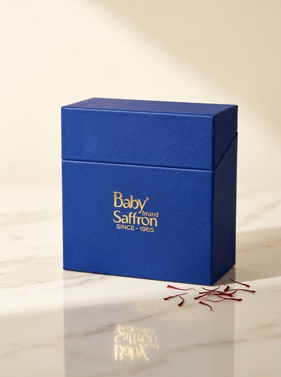 Baby Saffron Blue Gift Box 2g on cream marble