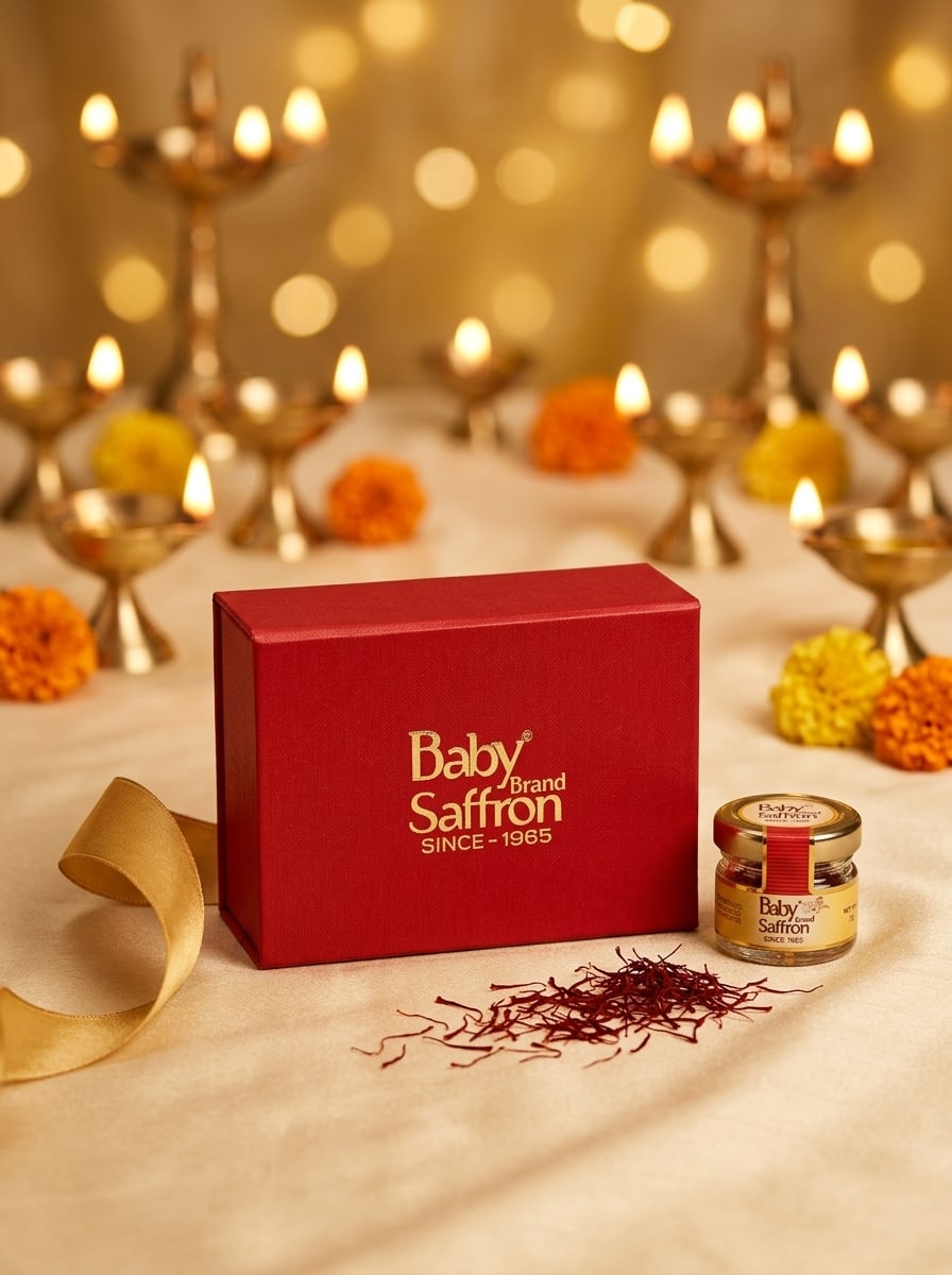 Baby Saffron red gift box styled for Diwali — brass diyas, marigolds, silk ribbon and loose saffron threads