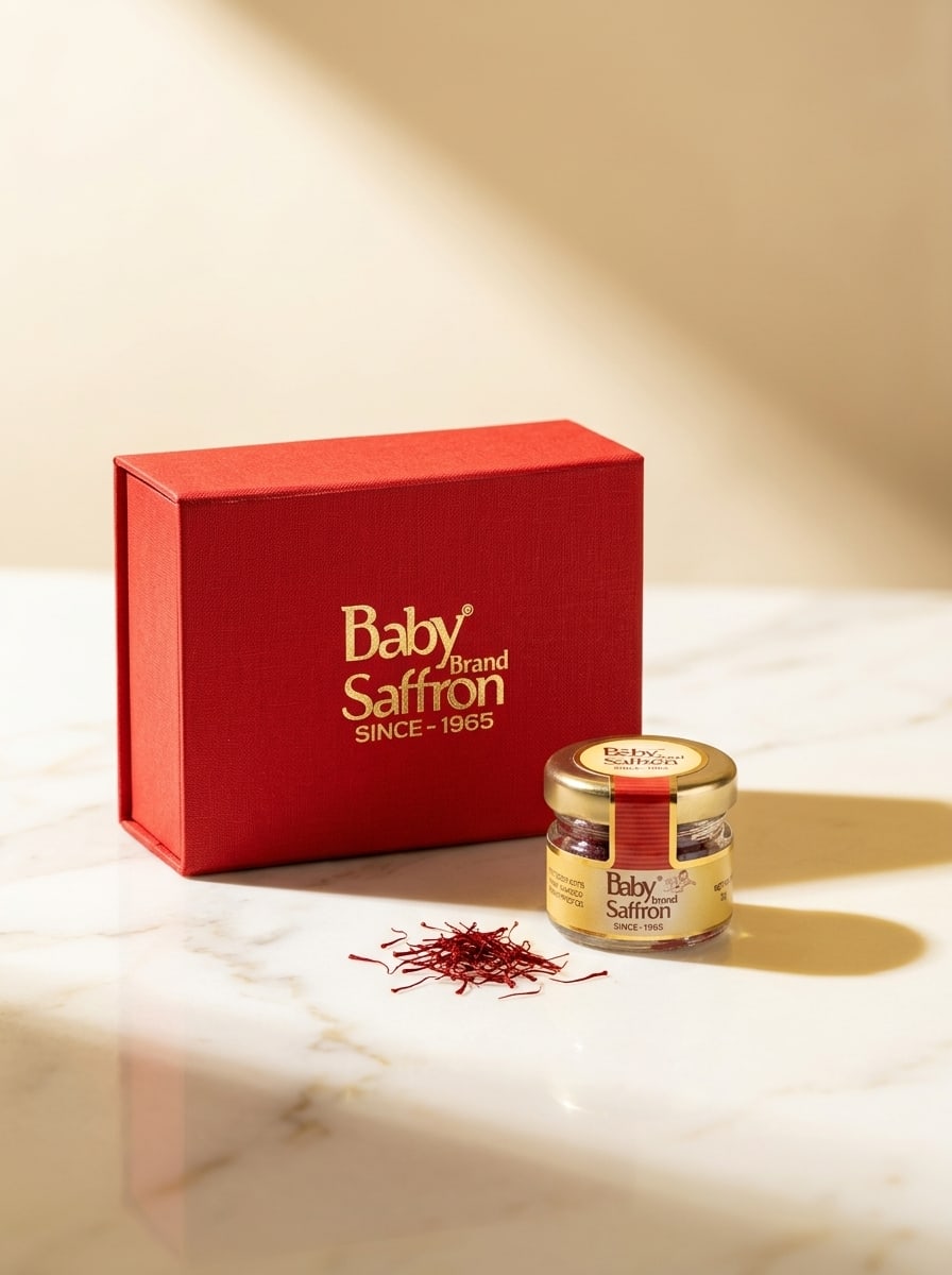 Baby Saffron Red Gift Box 1g with saffron jar on cream marble