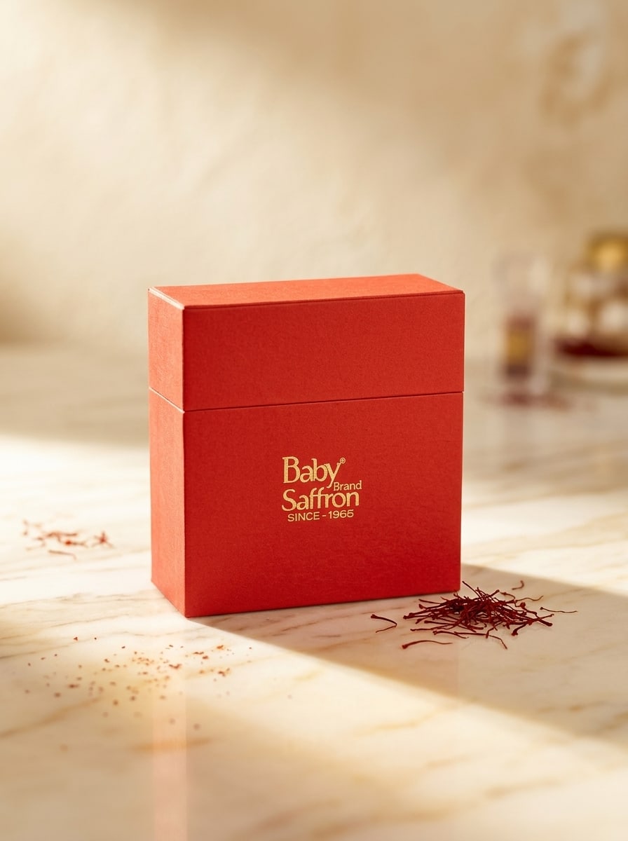Baby Saffron Red Gift Box 2g on cream marble