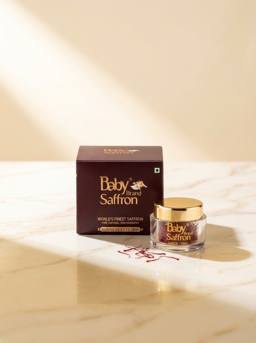 Baby Saffron Premium Gift Box with saffron jar on cream marble