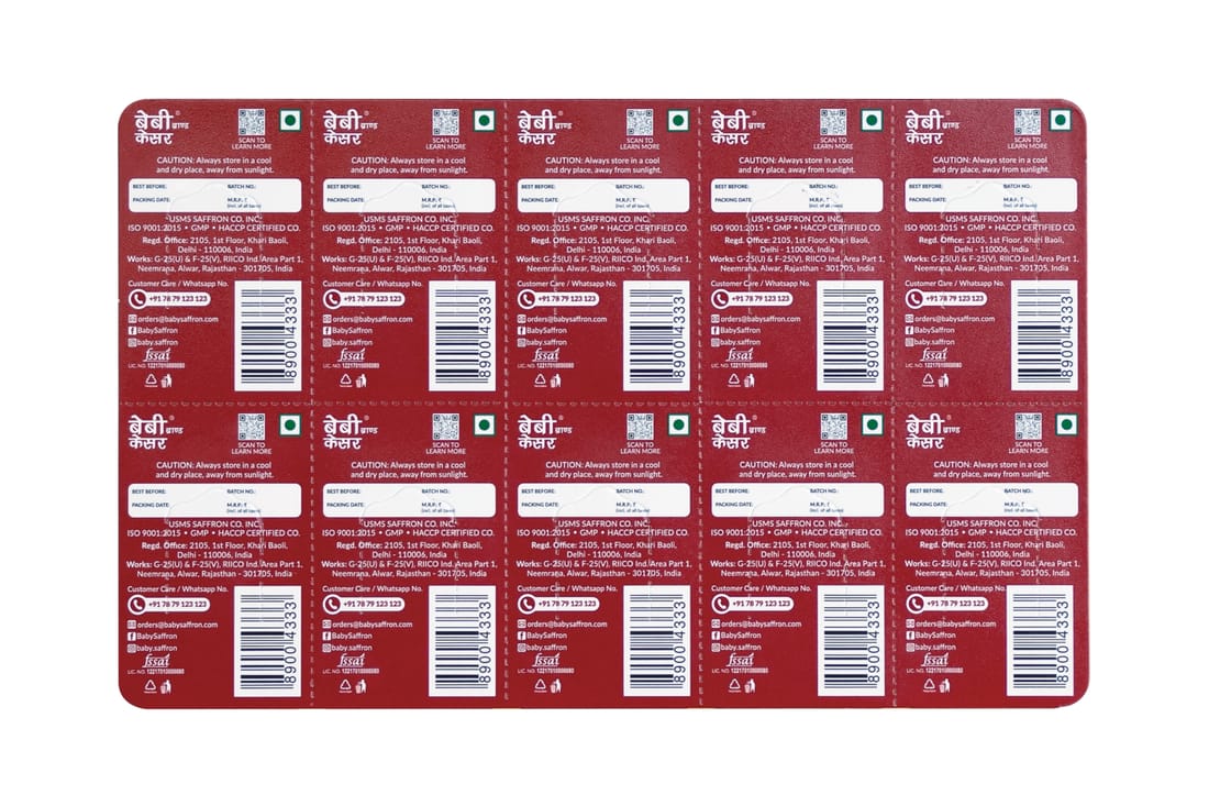 Baby Saffron single-use blister pack — back