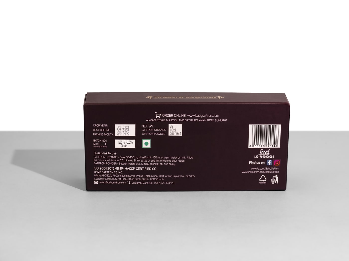 Baby Saffron 3g Triangular Gift Box — back panel with contents and certifications