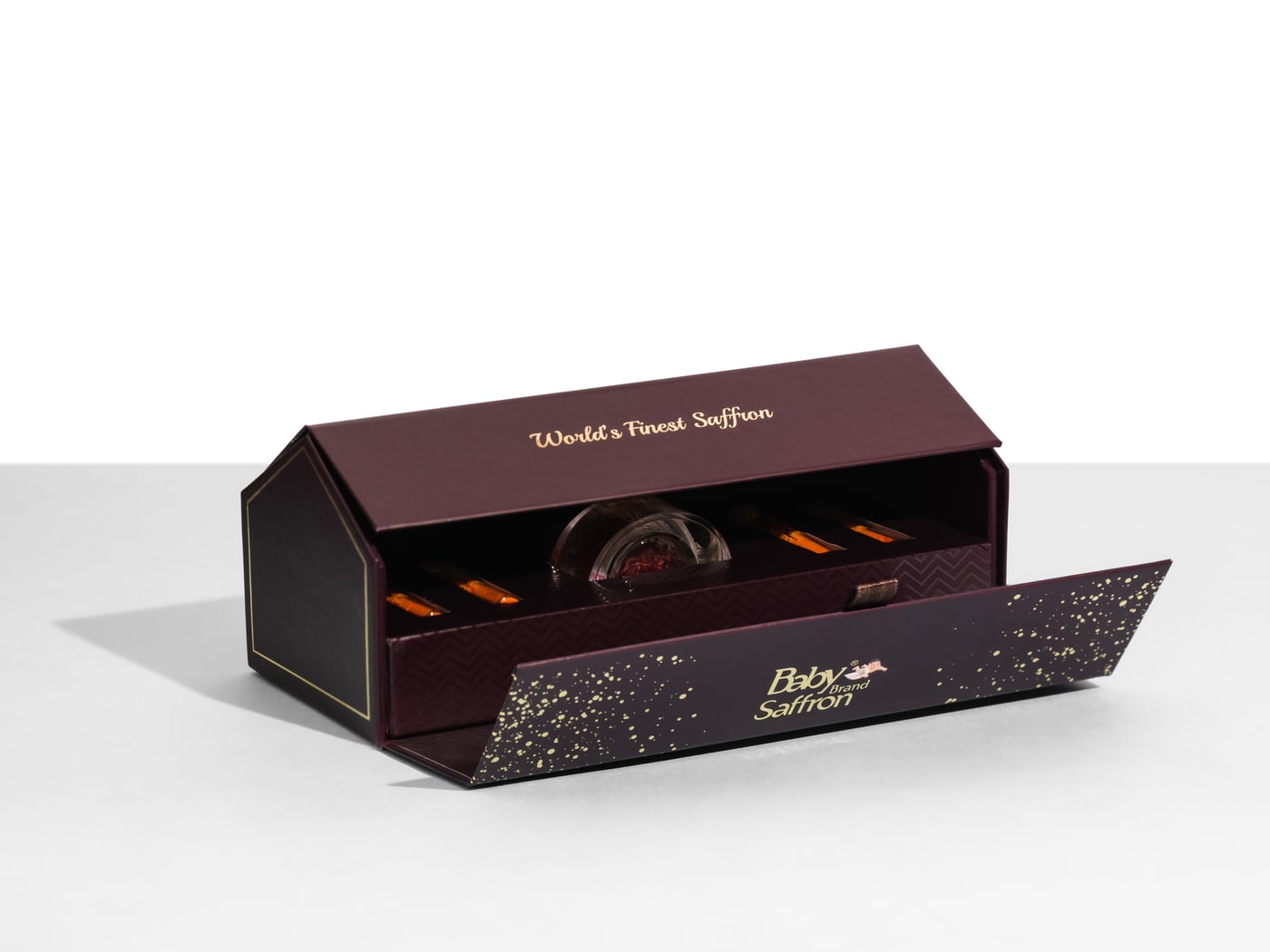 Baby Saffron 3g Triangular Gift Box — drawer open with saffron jar and powder vials