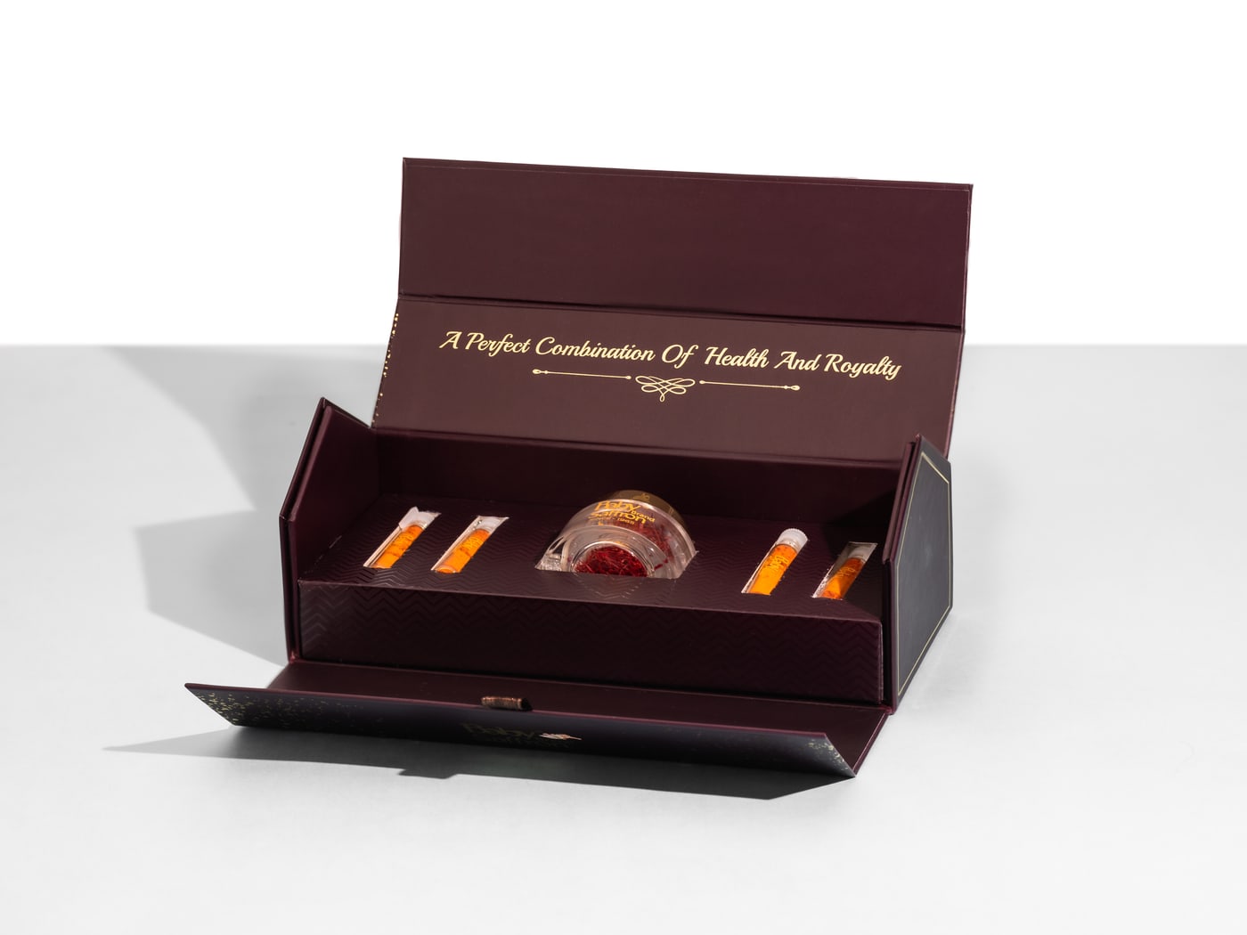 Baby Saffron 5g Triangular Gift Box — open with saffron jar and powder vials