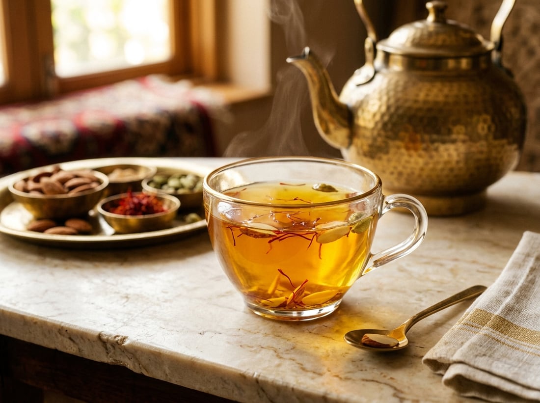 A glass cup of golden Kashmiri kahwa with slivered almonds and saffron
