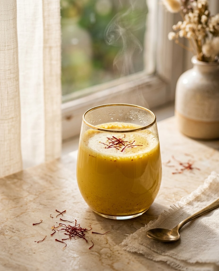 A glass of warm golden saffron milk with saffron threads