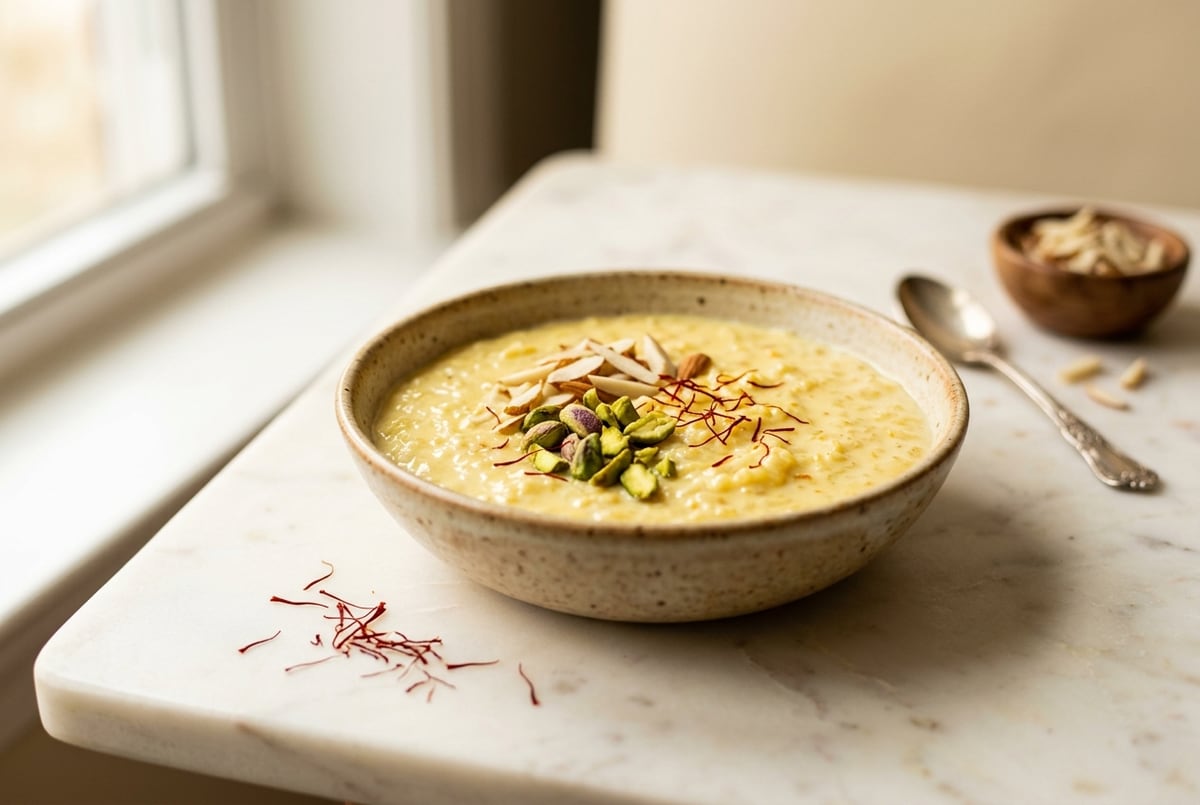 A bowl of creamy saffron kheer topped with nuts