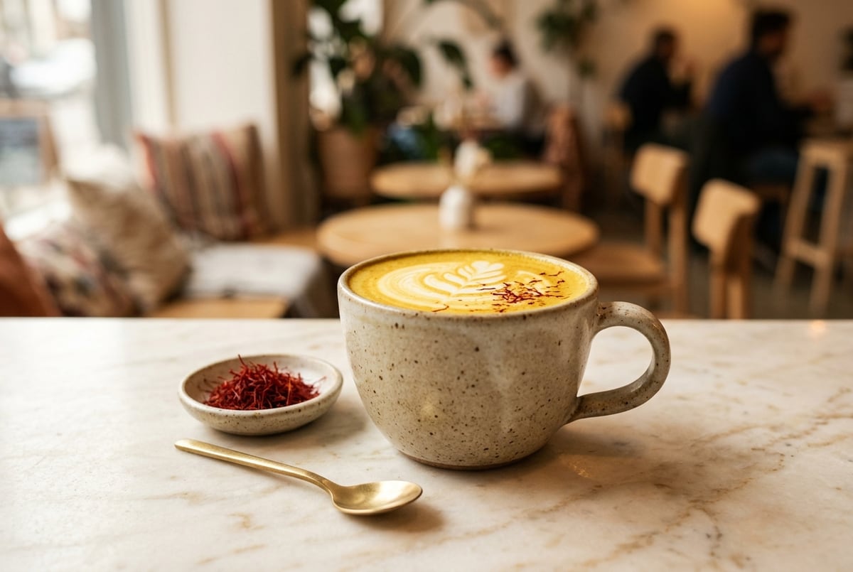 A stoneware cup of saffron latte with golden foam
