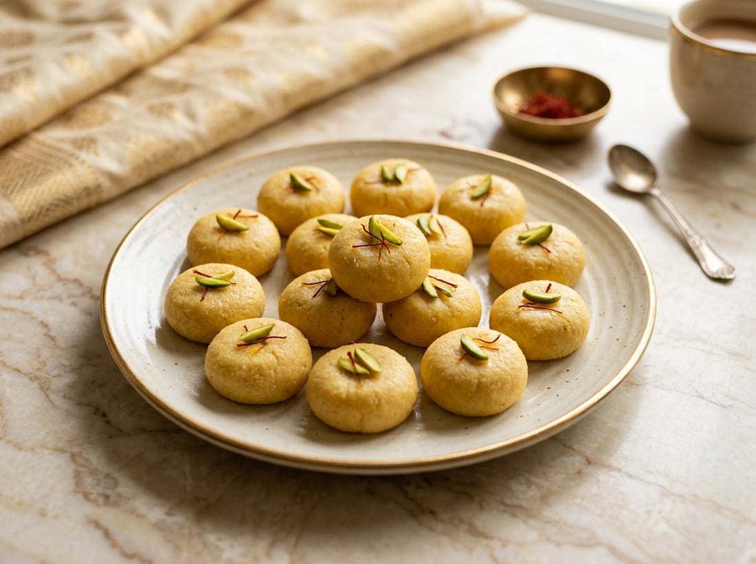 Golden kesar peda milk fudge rounds topped with pistachio