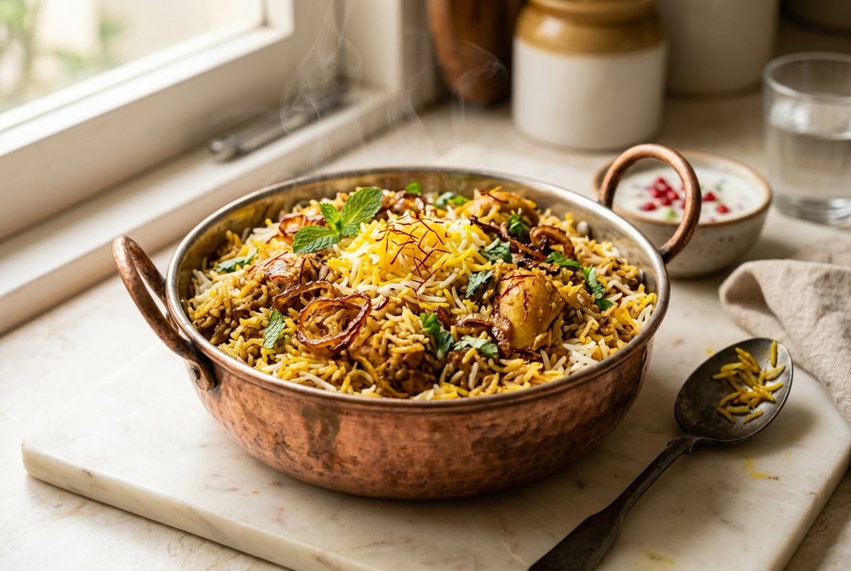 A copper handi of saffron chicken biryani