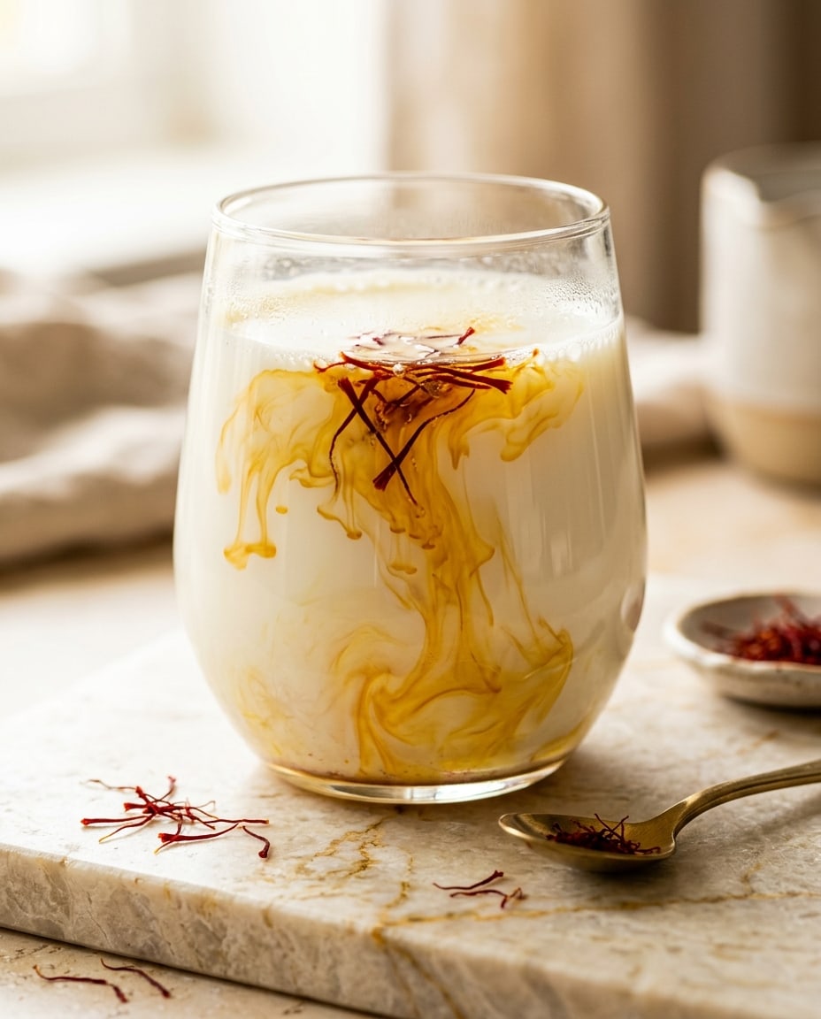 Saffron threads blooming golden swirls of colour into a glass of warm milk