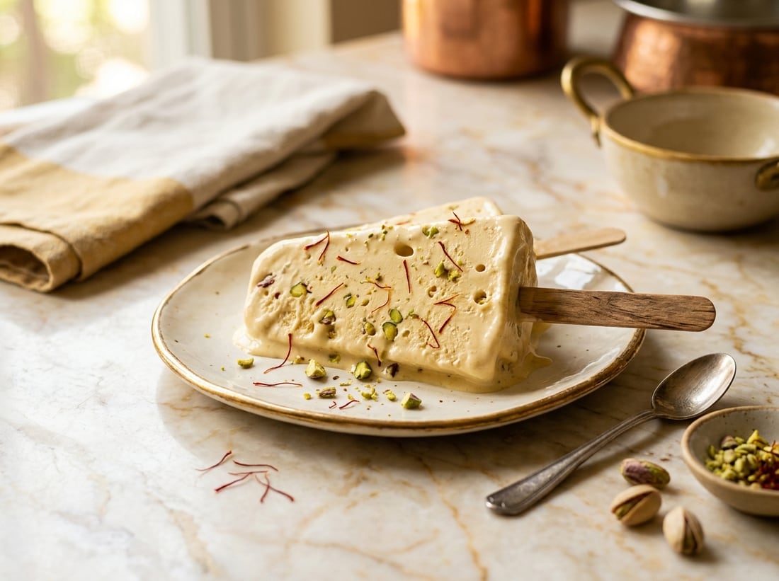 Sliced saffron kulfi studded with pistachios on a plate