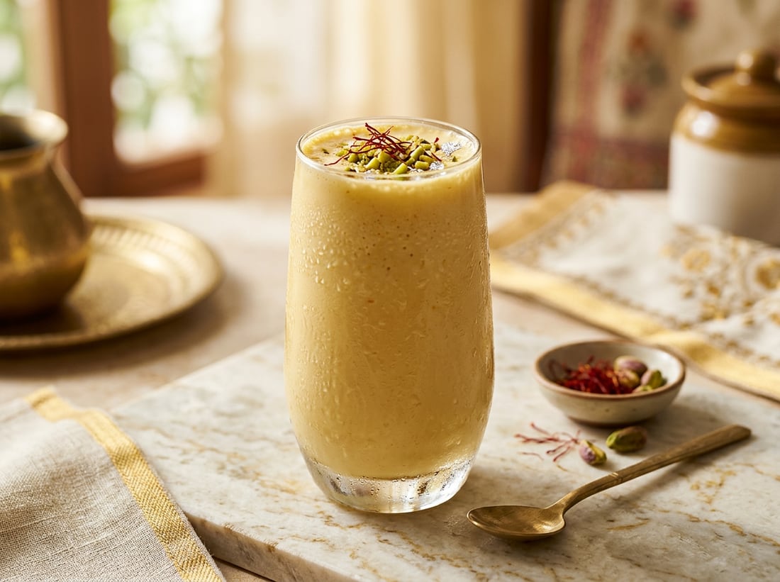 A tall glass of golden saffron lassi topped with pistachios