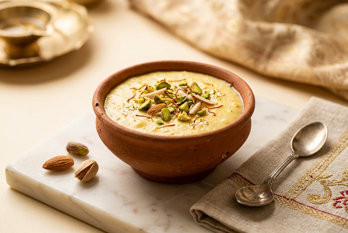 Clay bowls of saffron phirni topped with pistachios