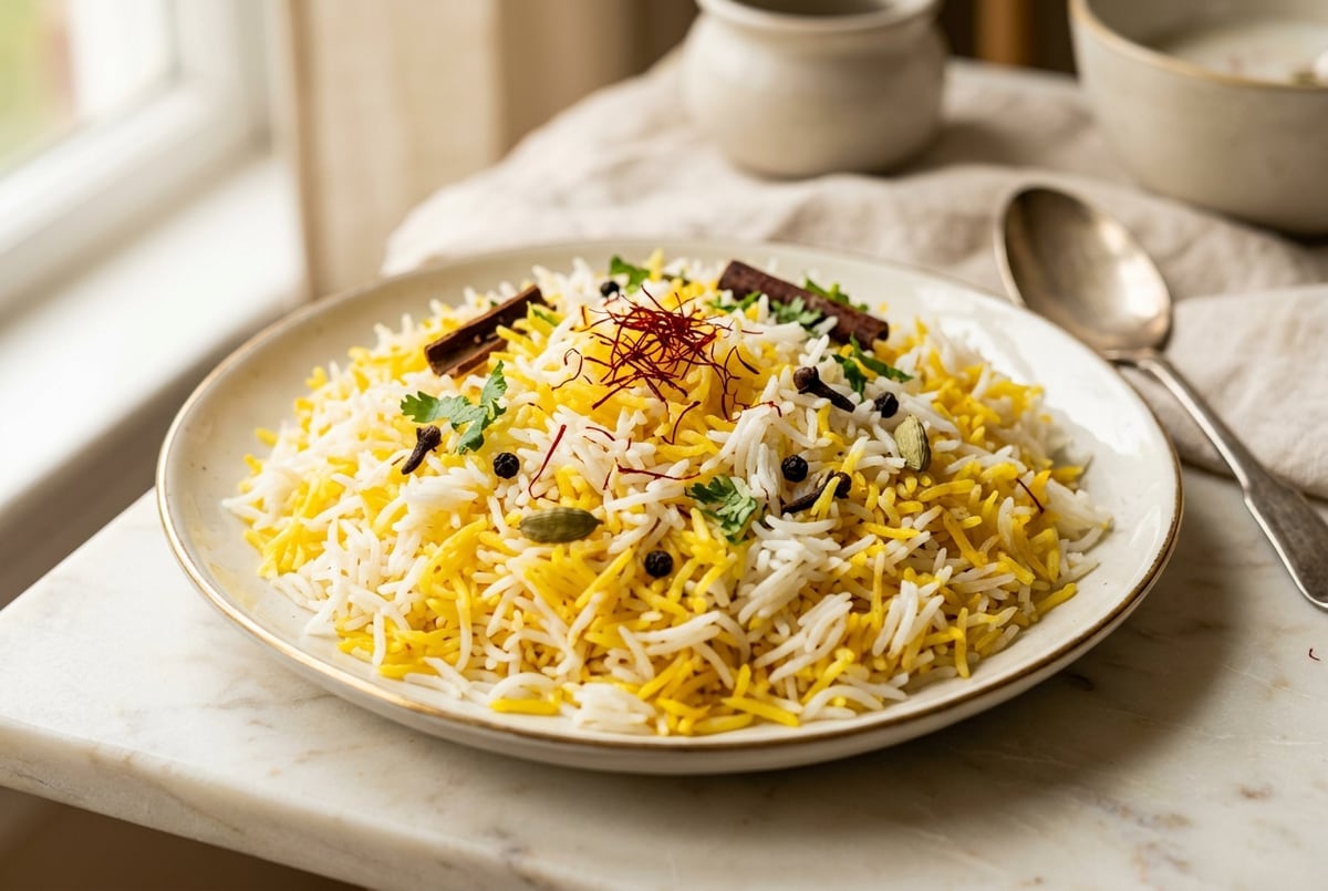 A plate of golden saffron basmati rice with whole spices