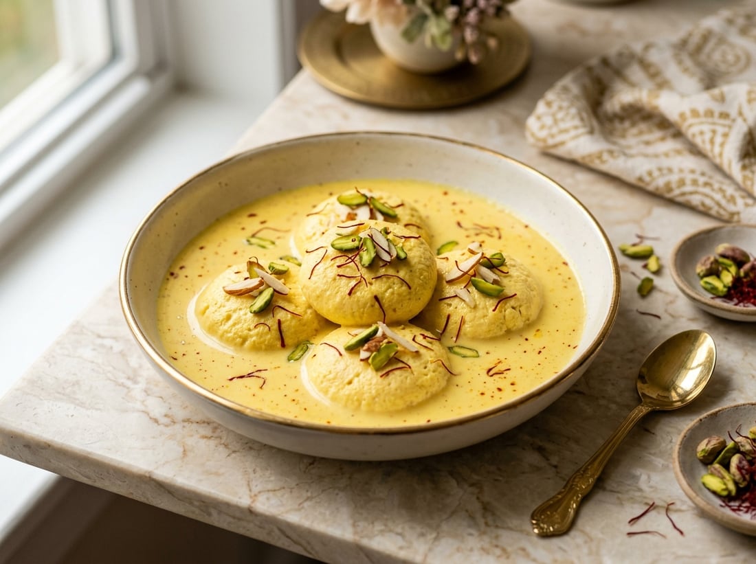 Saffron rasmalai discs in golden milk garnished with pistachio