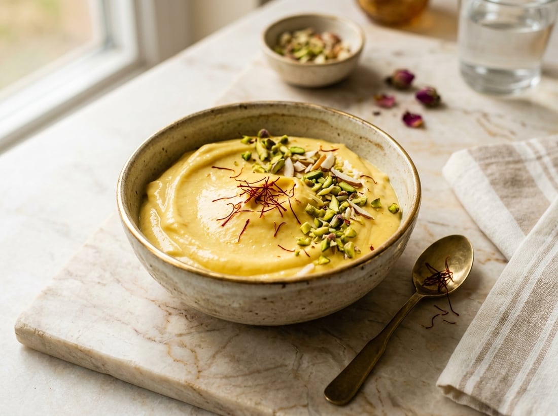 A bowl of golden saffron shrikhand topped with pistachios
