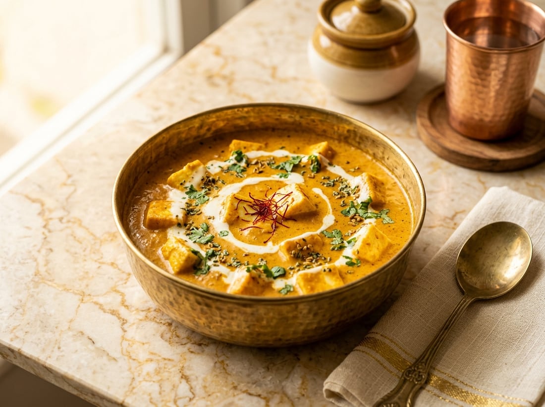 Shahi paneer in a golden saffron cashew-cream gravy