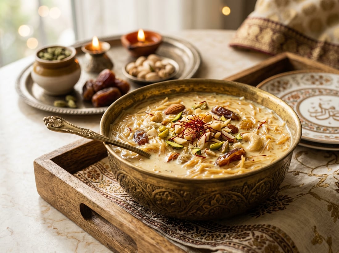 A bowl of sheer khurma with dates, nuts and saffron