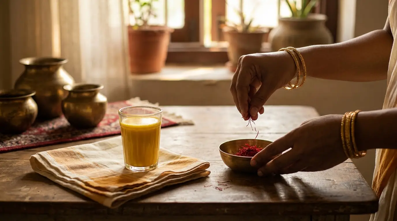 Saffron threads sprinkled into warm milk — a daily ritual